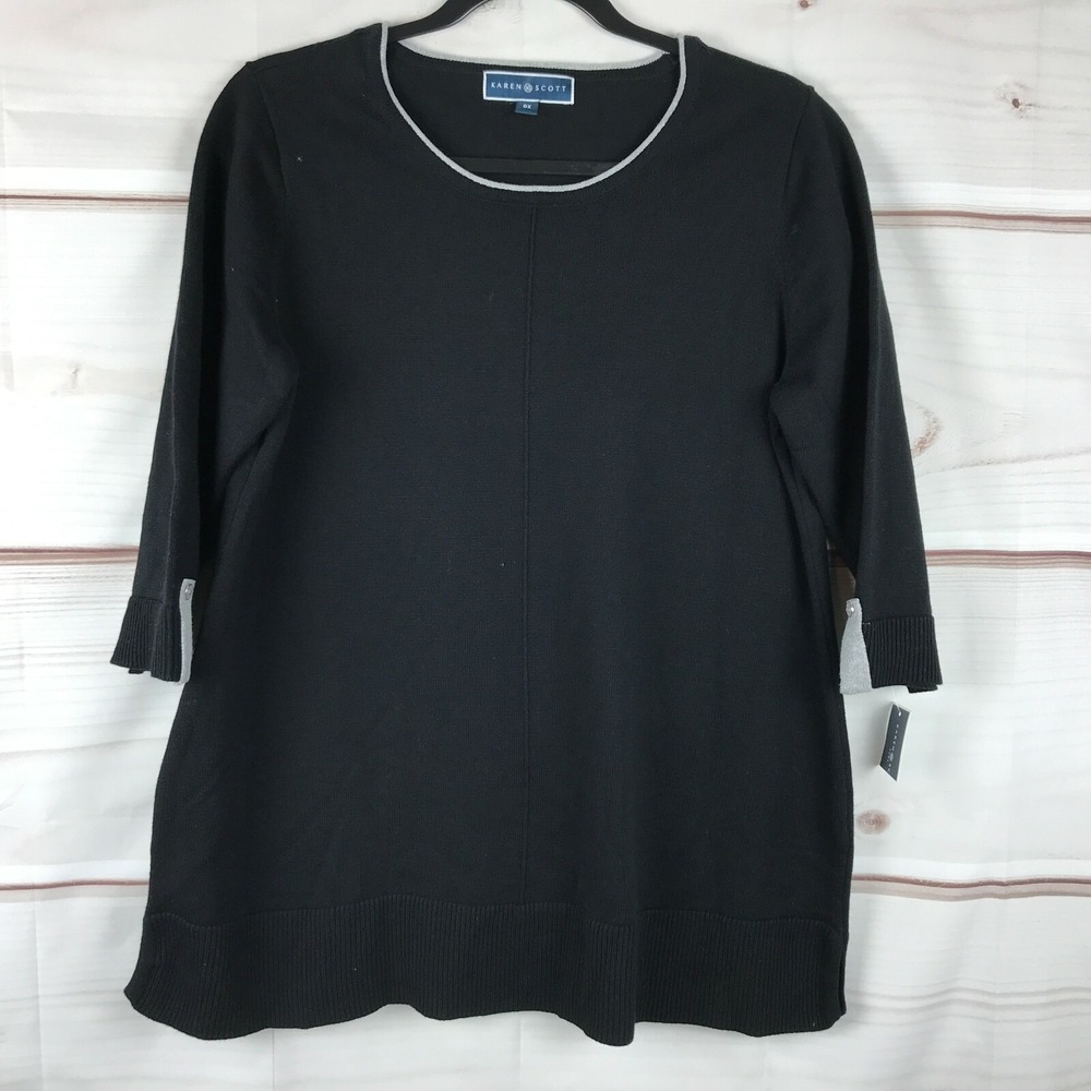 Karen Scott Sweater Womens 0X Black 3/4 Sleeve‎ Tunic Round Neck Pullover Cotton